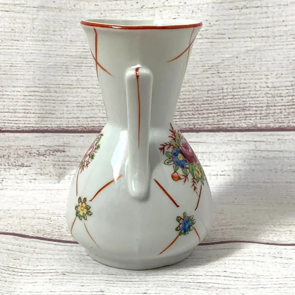 Vintage Japanese Double Handle Ceramic Vase Floral Motif Art Deco 4 5/8